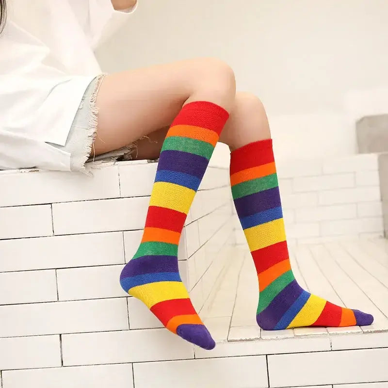 New Arrival Children Rainbow Socks Kids Sport Girls Boys Colorful Striped Soft Cotton Knee High Socks Toddler High Quality 2-12T
