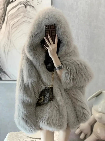 Trendy Hooded Faux Fox Fur Coats super Warm Winter Furry Jacket Women