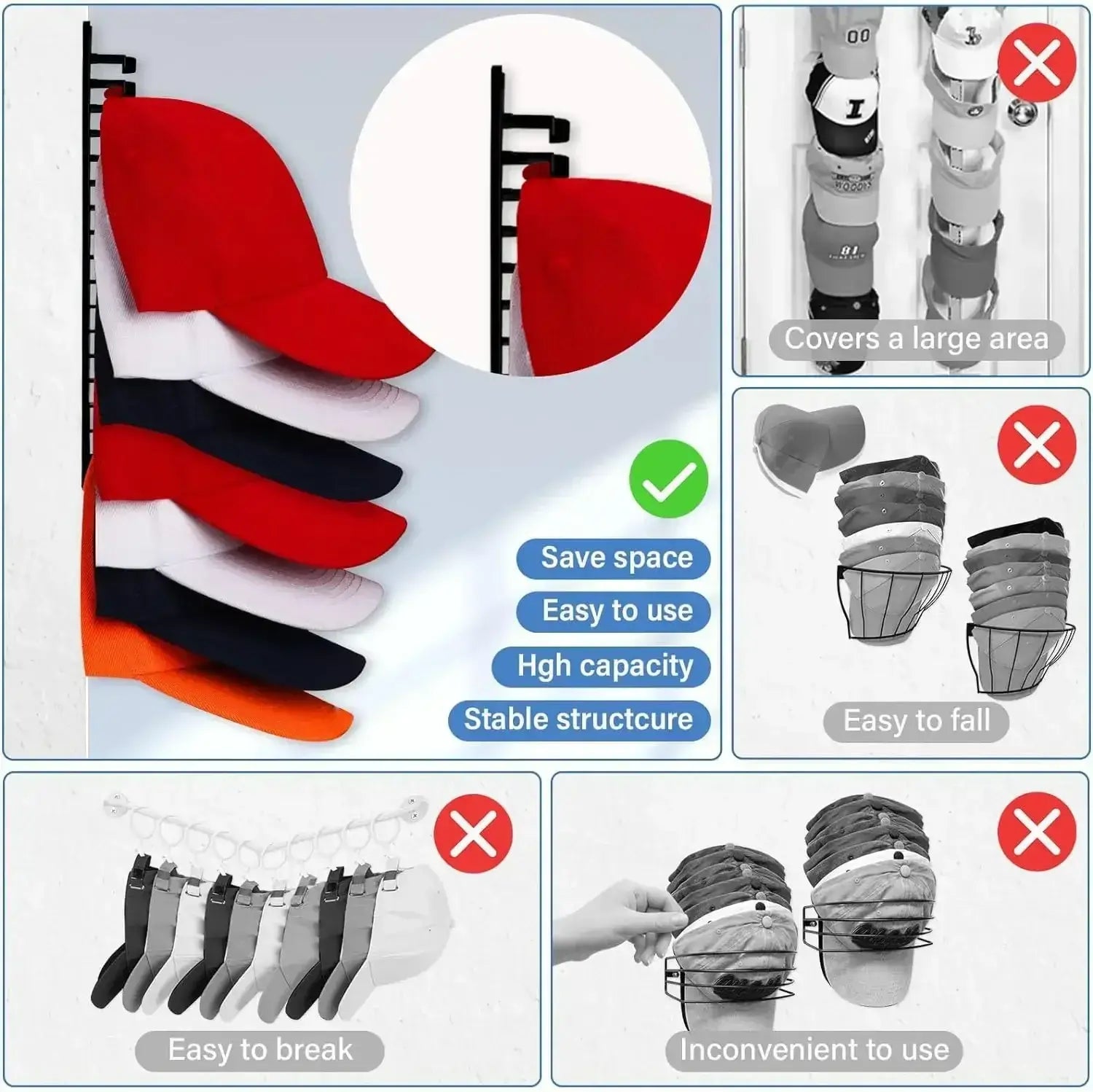 10 Grids Wall Mount Baseball Cap Storage Rack Holds 16 Hats Space Saving Closet Hat Organizer Hooks