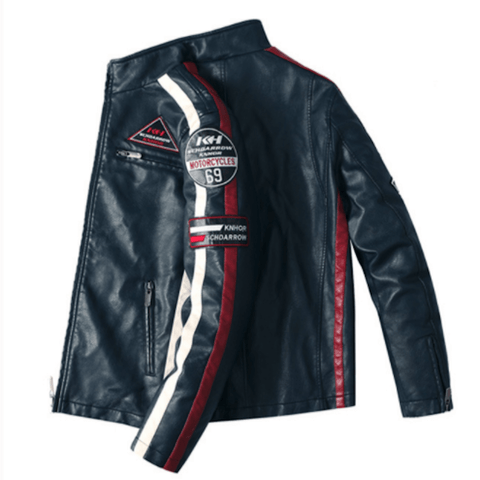 Mens Biker Vegan Leather Jacket With Badges