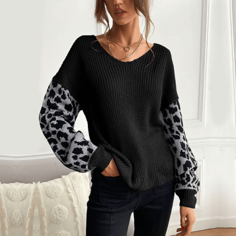 Womens V Neck Sweater With Leopard Print Sleeves.