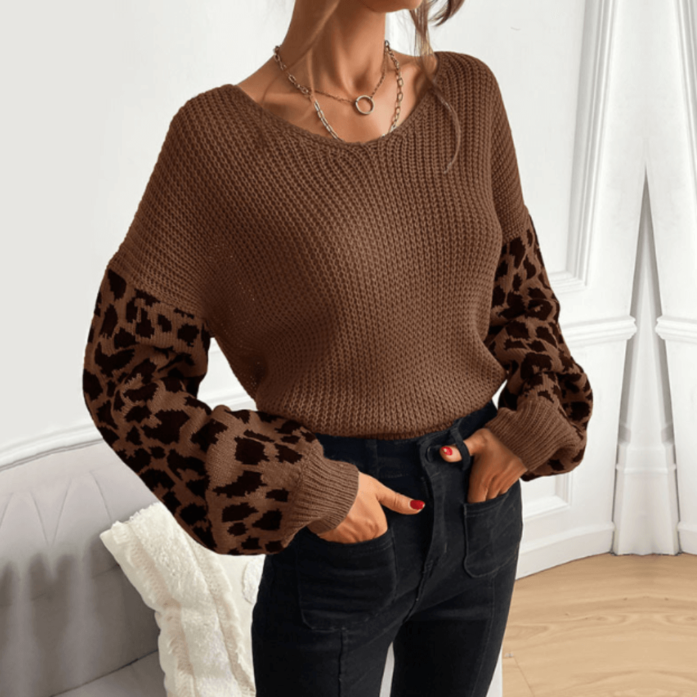 Womens V Neck Sweater With Leopard Print Sleeves.