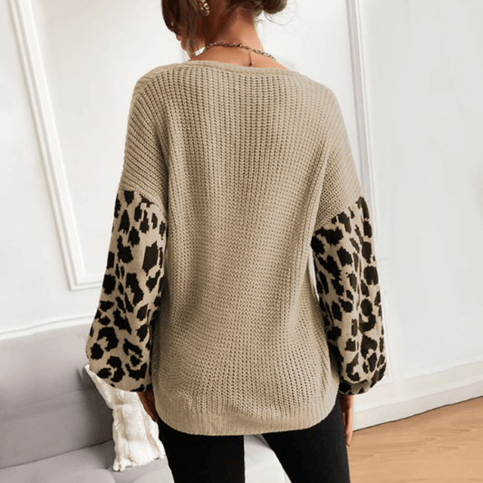 Womens V Neck Sweater With Leopard Print Sleeves.