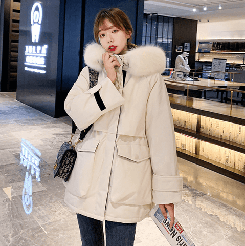 Womens Mid Length Zipper Coat with Furry Hood.