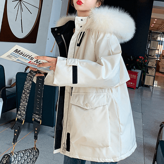 Womens Mid Length Zipper Coat with Furry Hood.