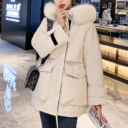 Womens Mid Length Zipper Coat with Furry Hood.