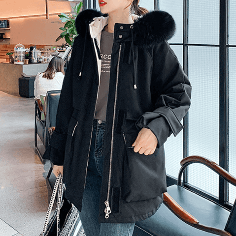 Womens Mid Length Zipper Coat with Furry Hood.