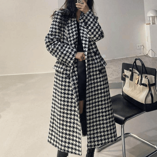 Womens Houndstooth Pattern Long Coat.