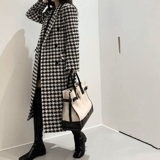 Womens Houndstooth Pattern Long Coat.