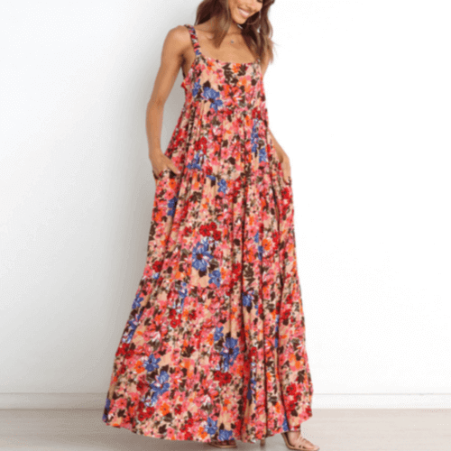 Low Back Floral Flowy Dress With Pockets.