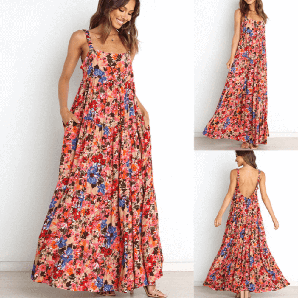 Low Back Floral Flowy Dress With Pockets.