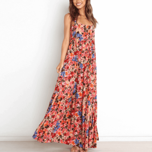 Low Back Floral Flowy Dress With Pockets.