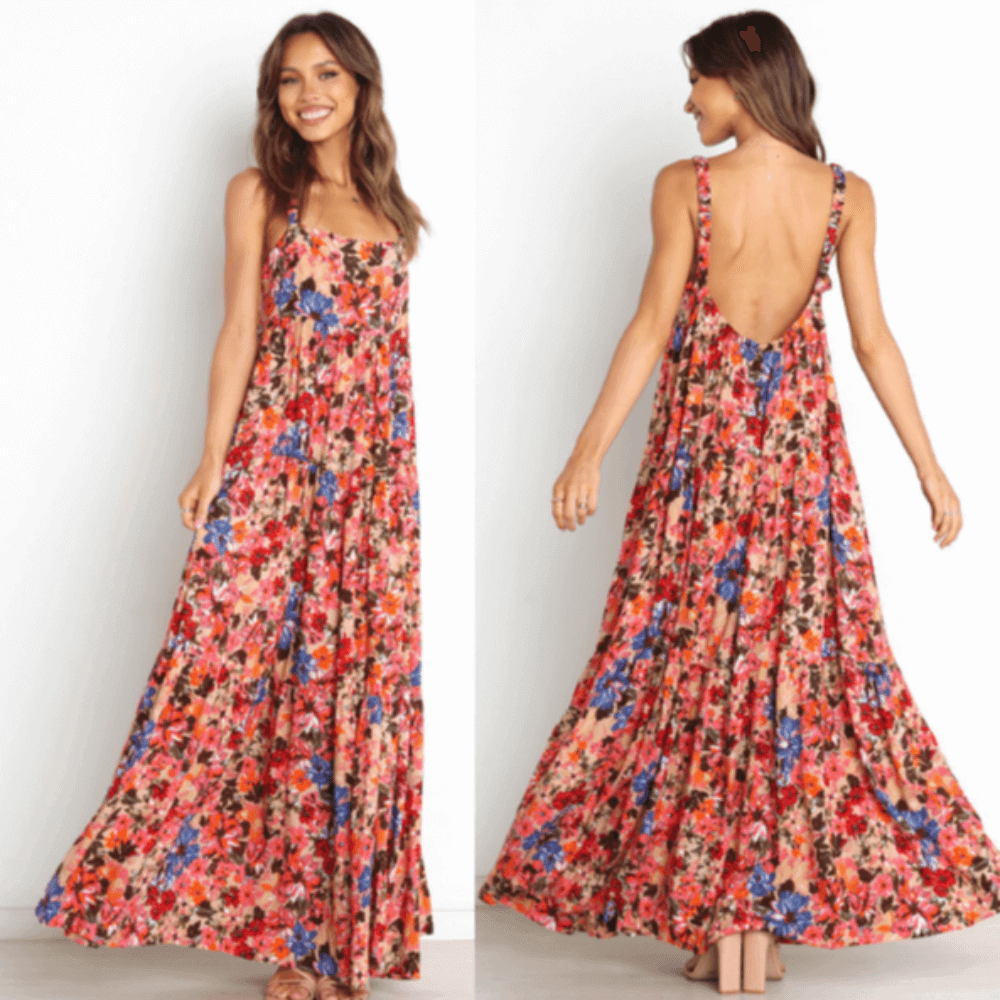 Low Back Floral Flowy Dress With Pockets.