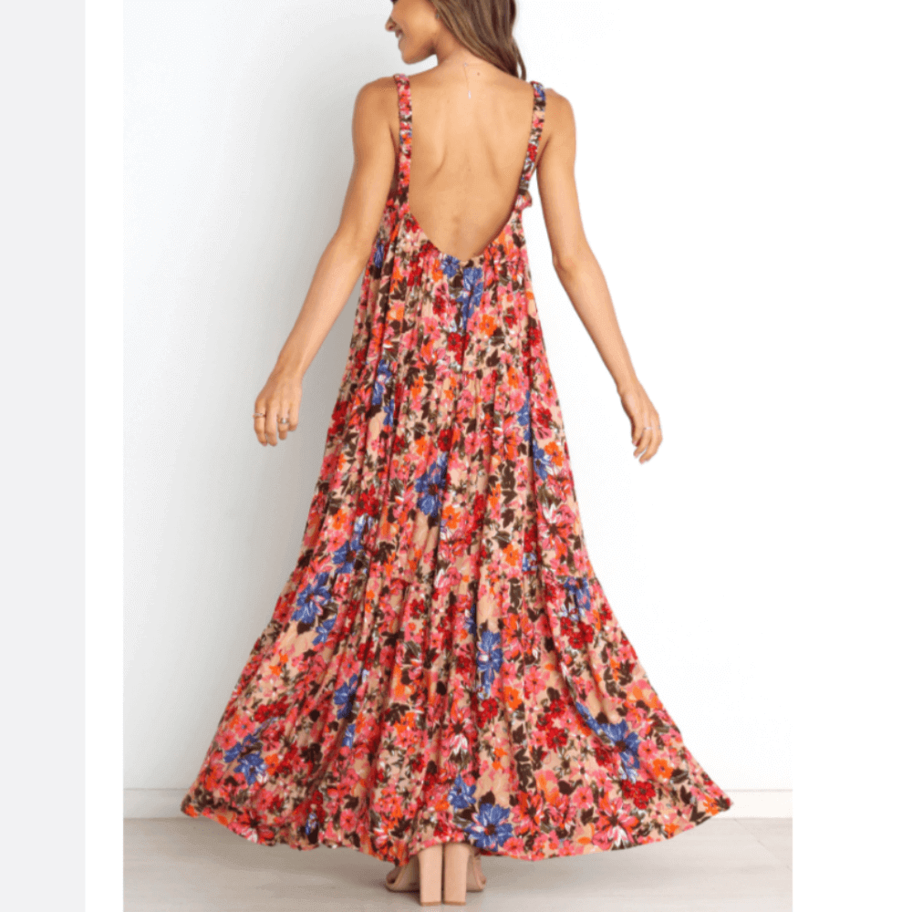 Low Back Floral Flowy Dress With Pockets.