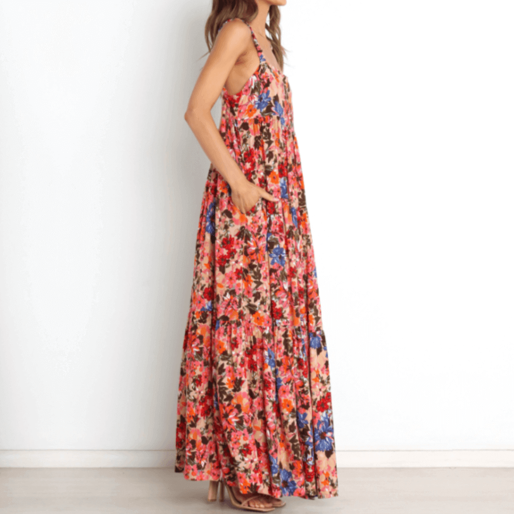 Low Back Floral Flowy Dress With Pockets.