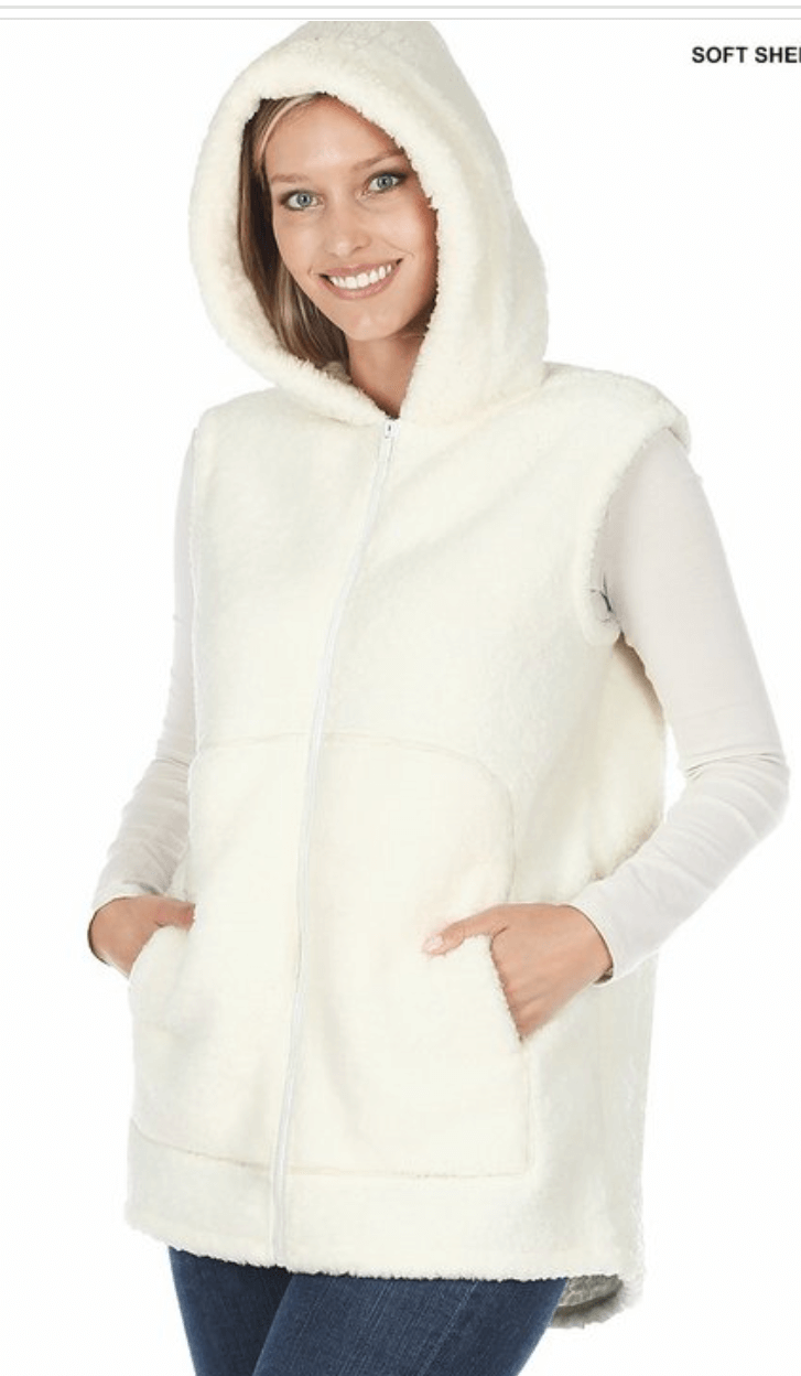 Ivory hooded zip up fleece vest with pockets