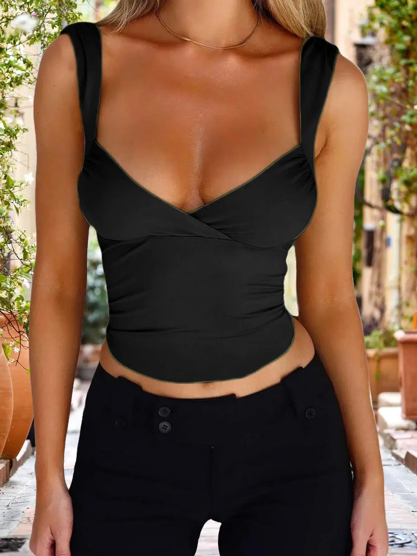 Women Crop Top V Neck Tops Casual Backless Vest Tops Summer Sleeveless Sling Top Sexy Blouse Tank Top Black L