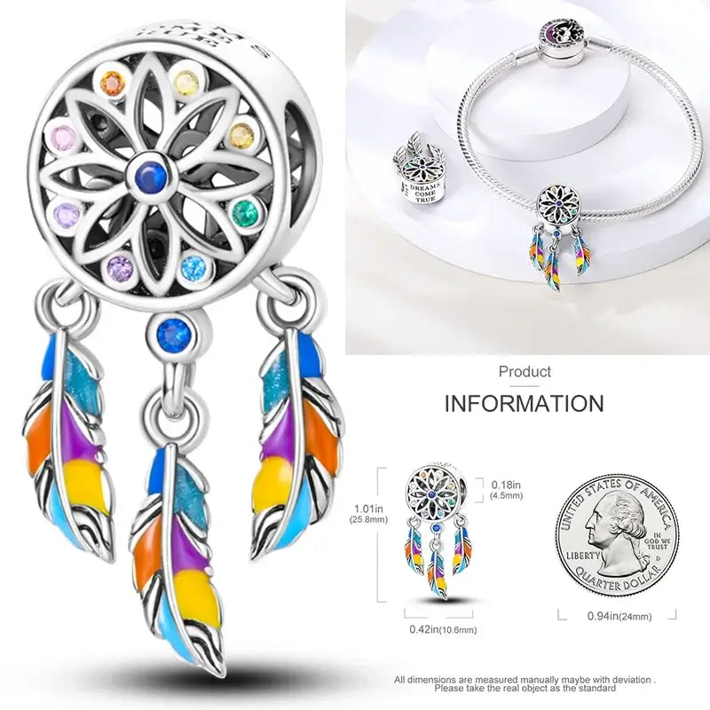 Hot Dream Catcher Feather 925 Sterling Silver Purple Colorful Moon Dreamy Blue Charm Original Fits Women DIY Jewelry Girl Charms