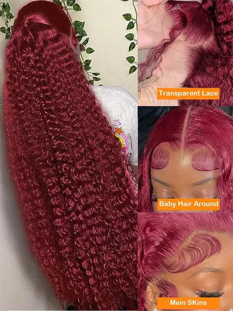 250 Density Deep Wave 99J Burgundy 13x4 Lace Frontal Wig Human Hair 13x6 Curly 30 40 Inch HD Lace Front Wigs Red Wine Water Wave