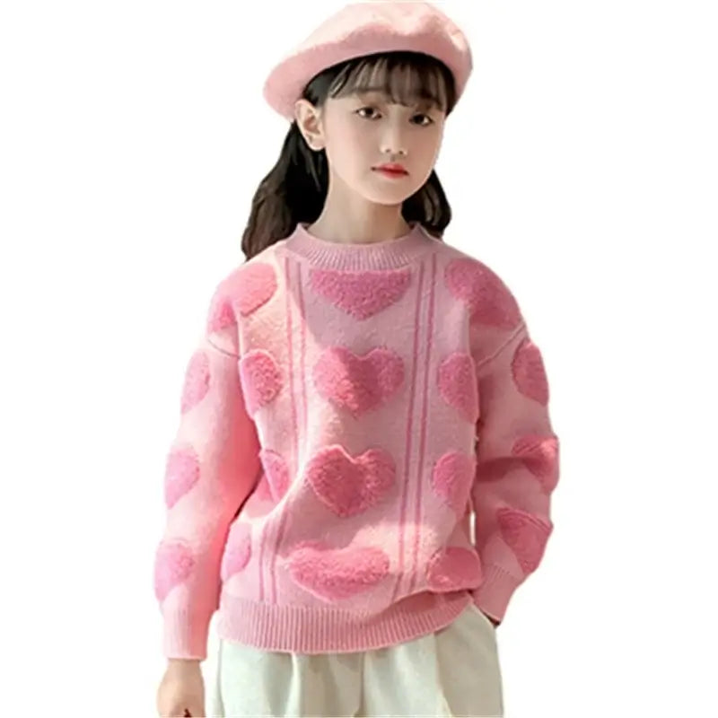 New Autumn Kids Girls Pink Color Sweater with 3D Hearts Pettern Children Elegant Fashion Knitted Clothing 5 7 9 11 13 14 Years