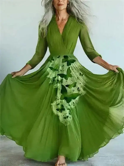 New Bohemian Style Long Sleeve Mesh Dress Vacation Vibes Full Skirt Chiffon Dress V-neck Ankle-length Regular Waistline