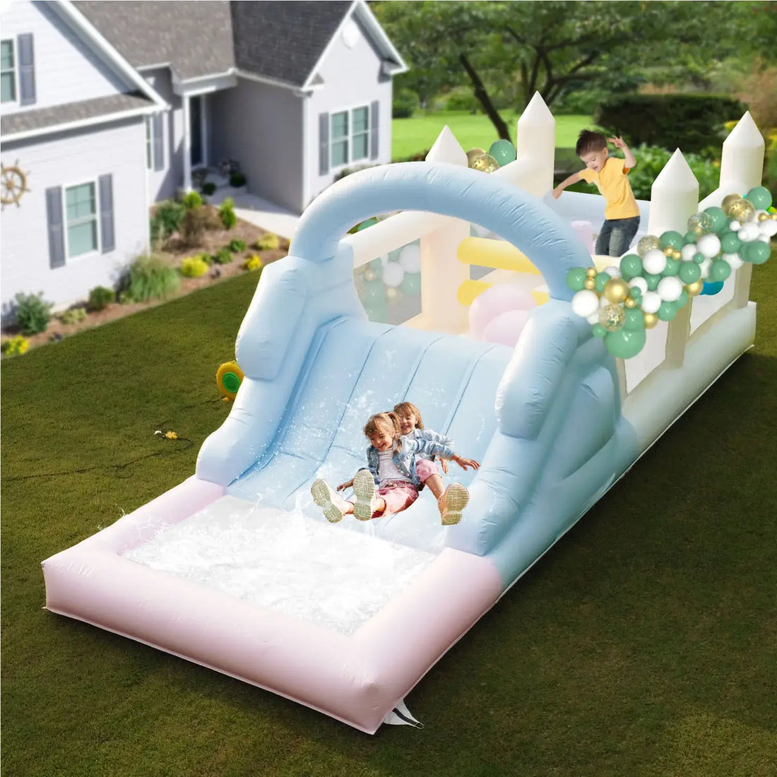 Inflatable Macaroon PVC Water Sildes Ball Pool for Children Jungle Gym Water Play Equipment With 1100W Air Blower