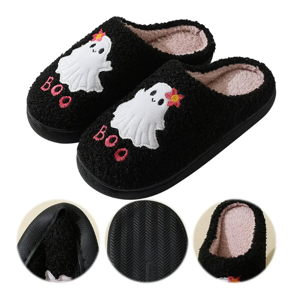 Halloween Ghost Plush Slippers Flat Thermal Slippers Comfortable Soft Furry Slipper Anti Slip Fuzzy Ghost Slippers for Men Women