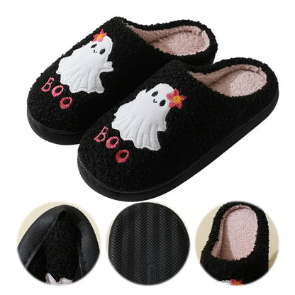Halloween Ghost Plush Slippers Flat Thermal Slippers Comfortable Soft Furry Slipper Anti Slip Fuzzy Ghost Slippers for Men Women