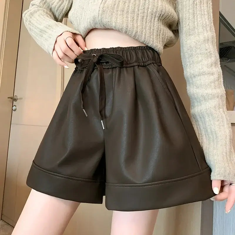 High Waist PU Leather Shorts Women&