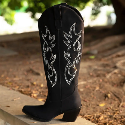 Rhinestone Cowboy Boots for Women - Black Wide Calf Knee High Cowgirl Boots with Side Zipper and Sparkly Glitter Embroidery, Alm