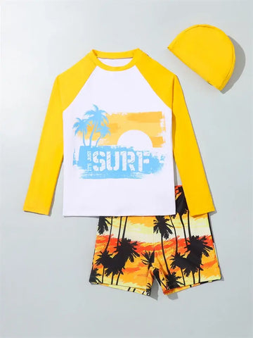 Boy Swimsuit 2024 New Coconut Tree Graffiti Long Sleeves Children.