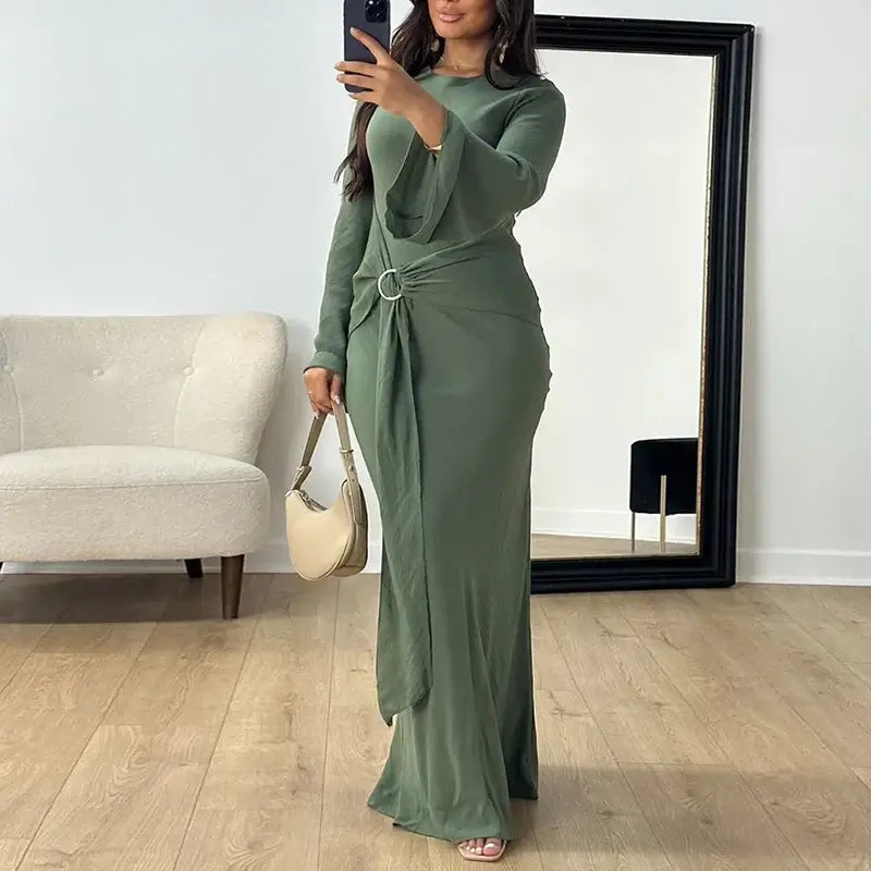 Elegant Women O Neck Lace Up Slim Robe Dress