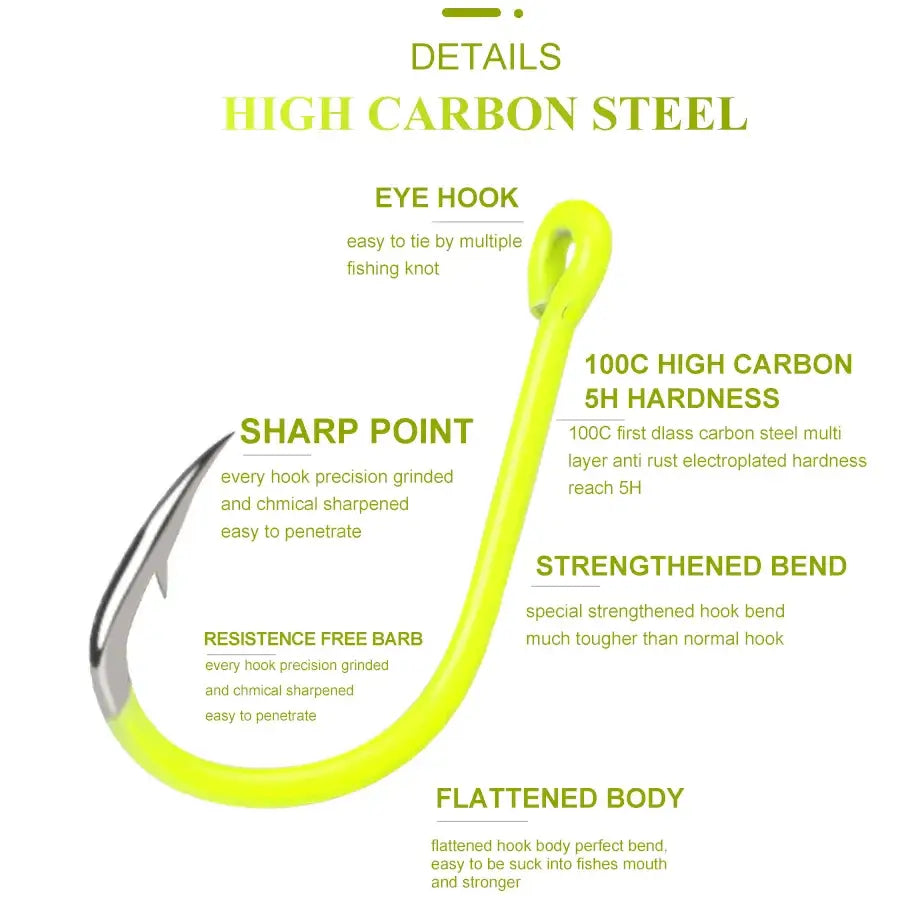 FTK 50PCS Sharp High-carbon Steel Fishhooks Barbed Fluorescent Fishing.