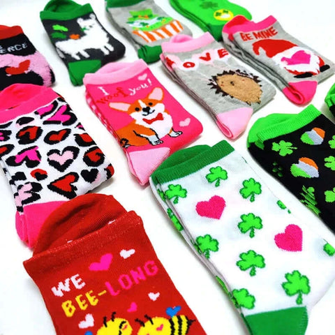 Valentine Day Women Socks Funny Cartoon Socks Four Leaf Clover Corgi Dog Letter Cute Love Dinosaur Anniversary Present Gifts.