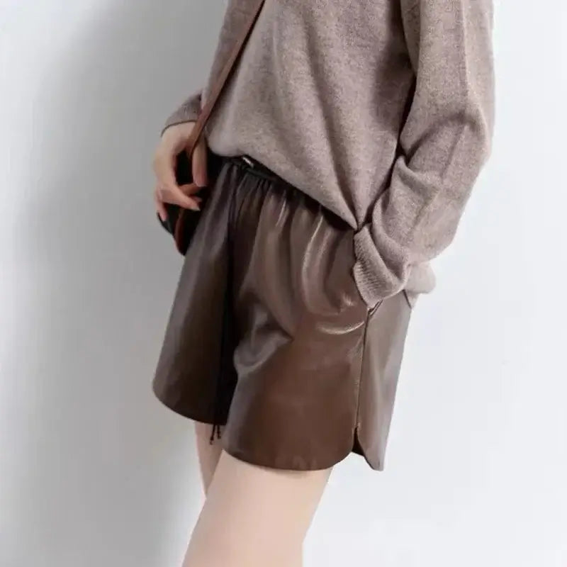 Goatskin Shorts for Women Italian Fashion Wide Leg Slim Drawstring Genuine Leather Pants Mujer Brown Pantalones Cortos  Clothing