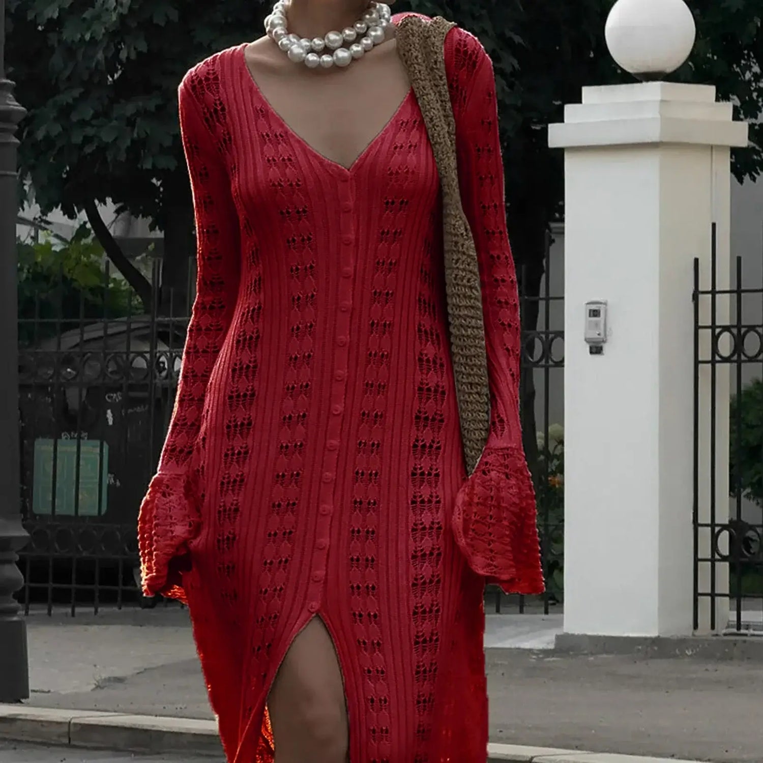 Ladies Long Sleeve Knit Cardigan with Button Closure and Hollowed Design Solid Color Fall Jacket for Everyday Wear on the