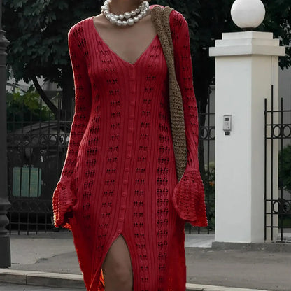 Ladies Long Sleeve Knit Cardigan with Button Closure and Hollowed Design Solid Color Fall Jacket for Everyday Wear on the