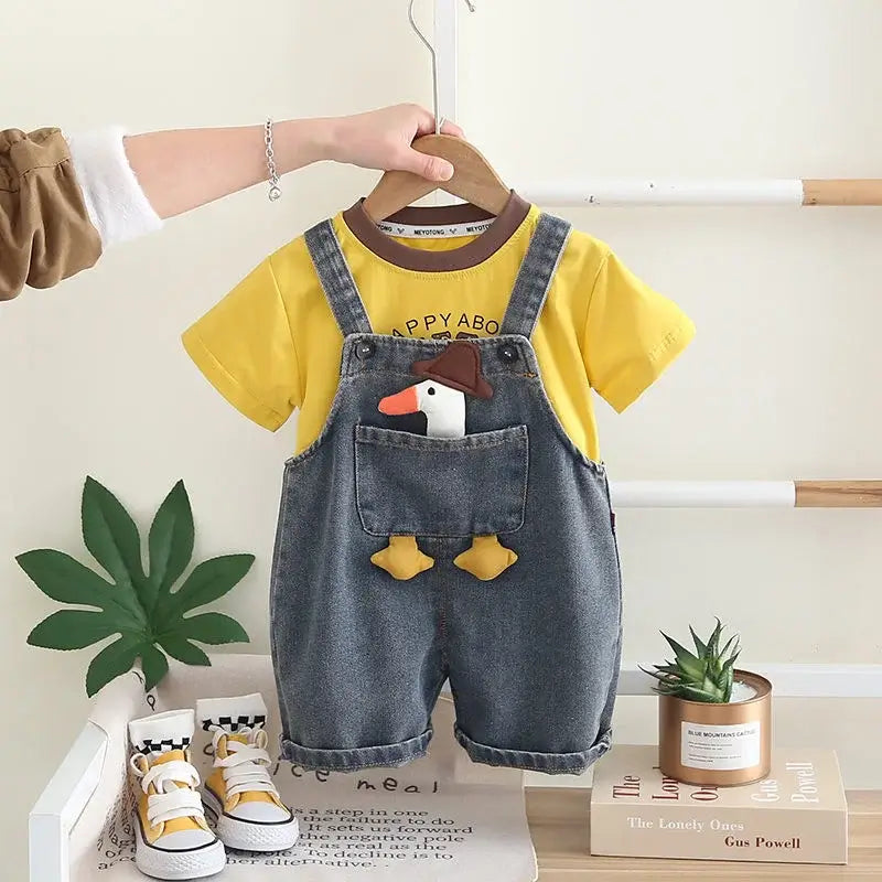 Children Clothing Baby Boys Girls Cartoon Duck T Shirt Denim Overalls 2Pcs/sets Kids Infant Casual Clothes Toddler Fashion Wear