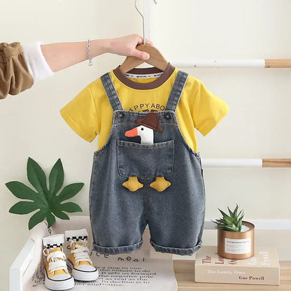Children Clothing Baby Boys Girls Cartoon Duck T Shirt Denim Overalls 2Pcs/sets Kids Infant Casual Clothes Toddler Fashion Wear
