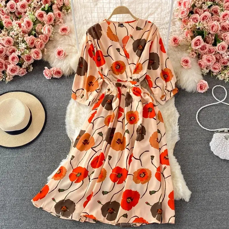 Elegant Floral V-neck Midi Dress for Women