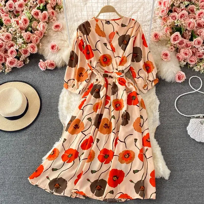 Elegant Floral V-neck Midi Dress for Women