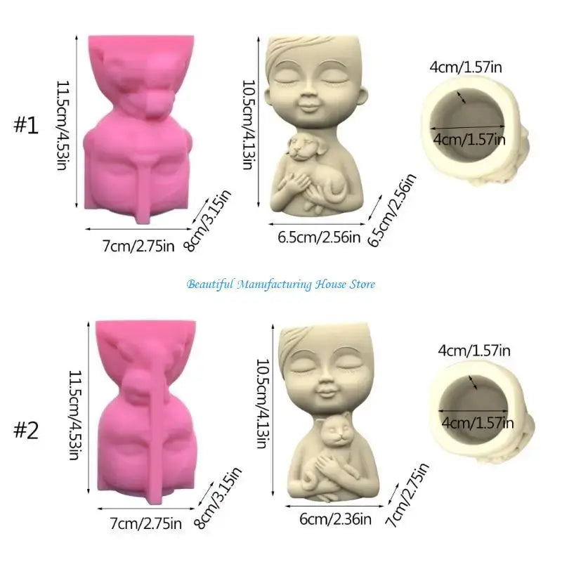 E56A Silicone Mold for Succulent Plant Pots Mini Garden Statues Boy and Puppy Flower Pot Mold Unique Pen Holder Resin Molds