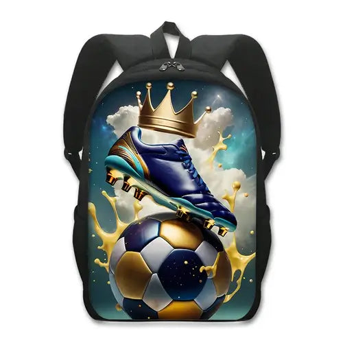 Cool Golden Soccer with Crown Print Backpack Football Sport Rucksack.