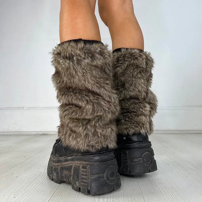 Vintage Faux Fur Leg Warmers Furry Boots Cover Socks Winter Thickened