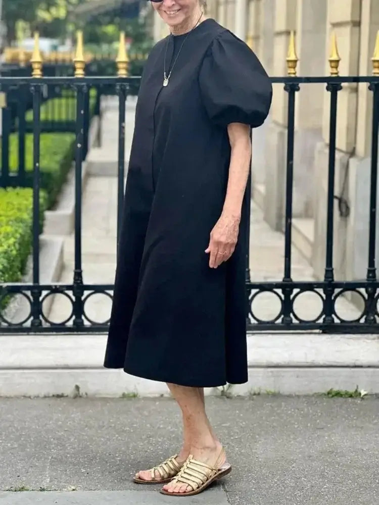 Women Summer Casual Dress 2025 New Trendy Round-neck Green Black Simple Short Sleeves A-line Mini Dresses for Woman