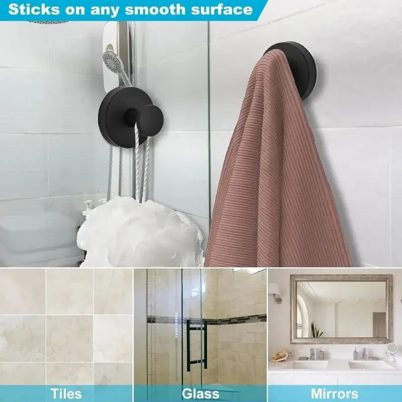 Matte Black Towel Hook (2-Pack) Shower Suction Wall Mounted Removable Hanger for Bathroom Coat Robe Bedroom Kitchen Hotel Pool