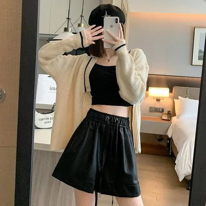 High Waist PU Leather Shorts Women&