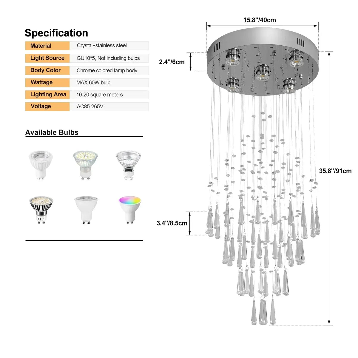 VETRULUS Raindrop Crystal LED Chandelier, Selectable Sizes