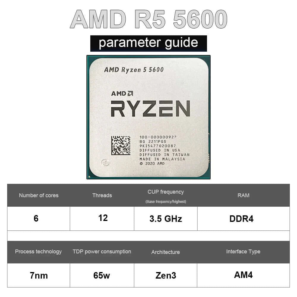 AMD New Ryzen 5 5600 R5 5600 CPU Game Processor Socket AM4 6-Core.