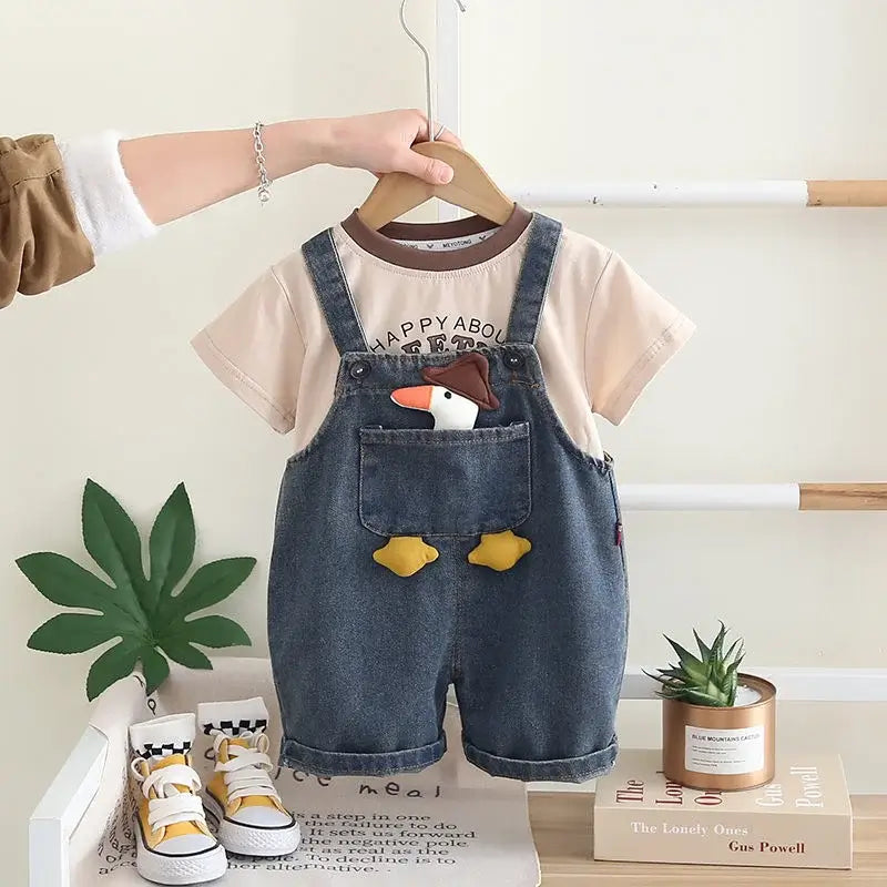 Children Clothing Baby Boys Girls Cartoon Duck T Shirt Denim Overalls 2Pcs/sets Kids Infant Casual Clothes Toddler Fashion Wear